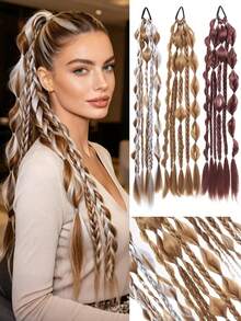Synthetic Bubble Lantern Long Twisted Ponytail Hair Extensions, 24 Inch Handmade Mixed Color Bubble Twisted Braid Hair, Vacation Style Hair Extensions - Multicolor - View 2
