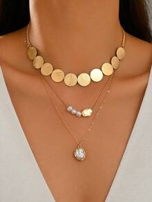 3pcs/Set Vintage Elegant Round & Asymmetric Faux Pearl Pendant Necklace Set, Minimalist Style Women's Neck Jewelry, Suitable For Daily Wear And Date Party - Multicolor - View 1