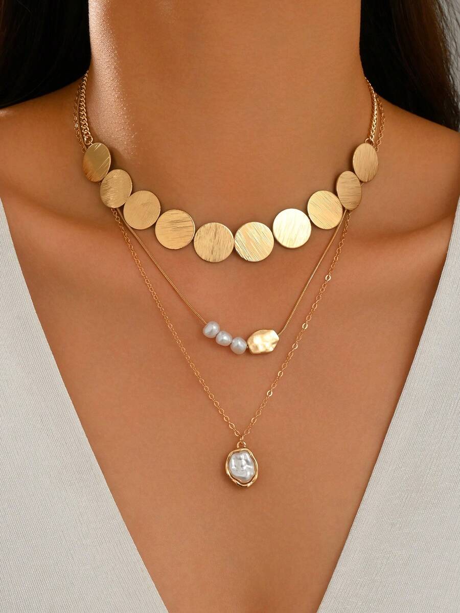 3pcs/Set Vintage Elegant Round & Asymmetric Faux Pearl Pendant Necklace Set, Minimalist Style Women's Neck Jewelry, Suitable For Daily Wear And Date Party - Multicolor - View 1