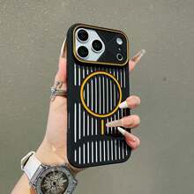 1pc Fiber Texture Hollow Heat Dissipation Magnetic Phone Case Compatible With Iphone 17 Pro Max, Ultra-Thin Protective Cover - Black - View 1