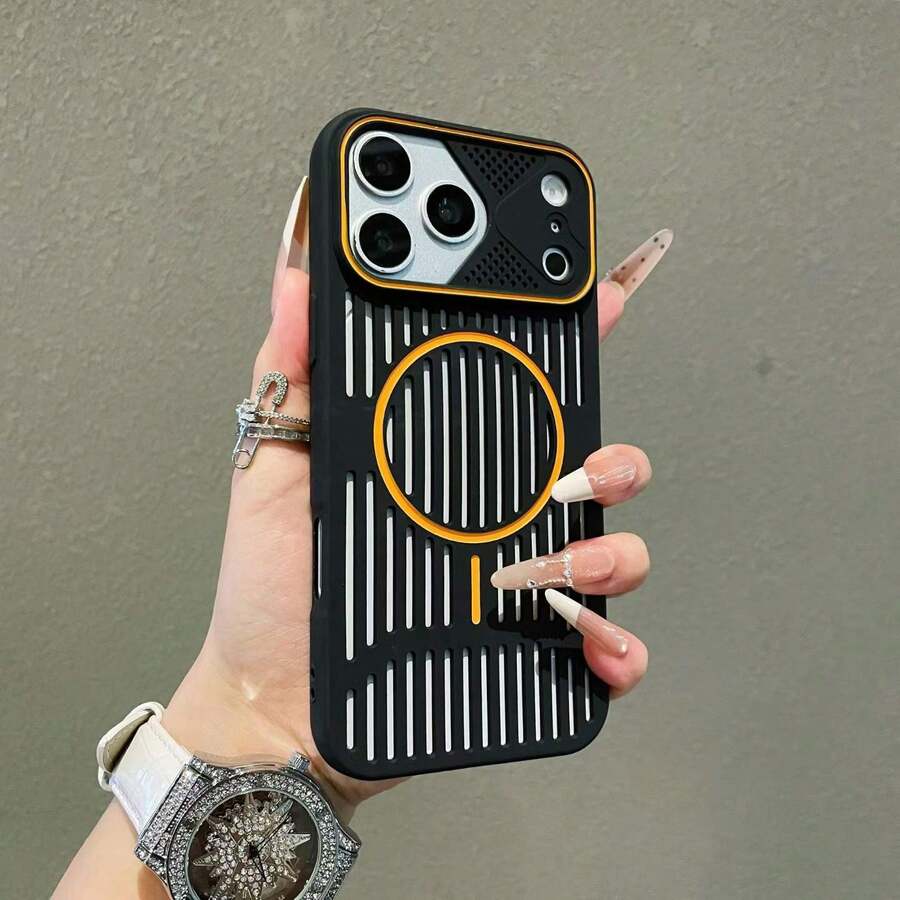 1pc Fiber Texture Hollow Heat Dissipation Magnetic Phone Case Compatible With Iphone 17 Pro Max, Ultra-Thin Protective Cover - Black - View 1