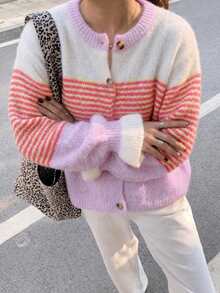 Women's Pink Striped Long Sleeve Cardigan Sweater, Button Front, Comfortable & Fashionable, Regular Length Knitwear - Multicolor - View 8