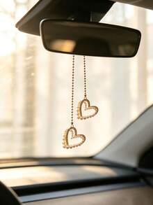 1pc Pearl Rhinestone Border Heart Car Rearview Mirror Hanging Ornament, Elegant Style Auto Interior Decor Vehicle Accessory - A - View 6
