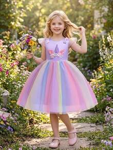 Young Girls 3D Floral Colorful Mesh Satin Luxurious Party Dress Suitable For School Prom, Floral Position And Color Not Fixed, Headband Not Included - Purple - View 2