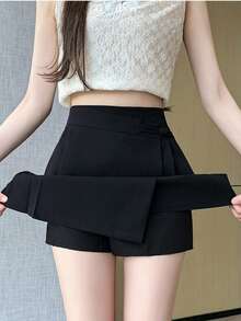 Rok celana model baru gaya Cina, model lilitan asimetris, warna hitam, berlipit, dengan kerah diagonal dan desain kancing katak, anti-terbuka untuk musim panas. - Hitam - View 3