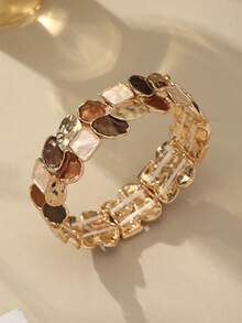 Cring Coco Set Gelang Elastis Enamel Blok Warna Kopi Vintage 2 Buah, Gelang Elastis Tumpuk Geometris Tidak Beraturan, Perhiasan Gelang Lebar Bertekstur Retro untuk Wanita - Geometri 1 - View 3