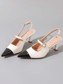 Women's Black And White Colorblock Pointed Toe Slingback Sandals, Thin Heel, Buckle, Elegant Commute Closed-Toe High Heels - Black and White - View 6