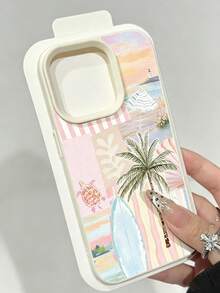 Fashionable Personalized Vacation Style Minimalist Phone Case With Surfboard, Palm Tree And Turtle Striped Pattern Design, Compatible With IPhone 17/17Pro/17ProMax/16/16Pro/16ProMax/15/15Pro/15ProMax/14/13/12/11, Suitable As Birthday, Holiday Gift For Friends, Family Or Couples - Multicolor - View 4