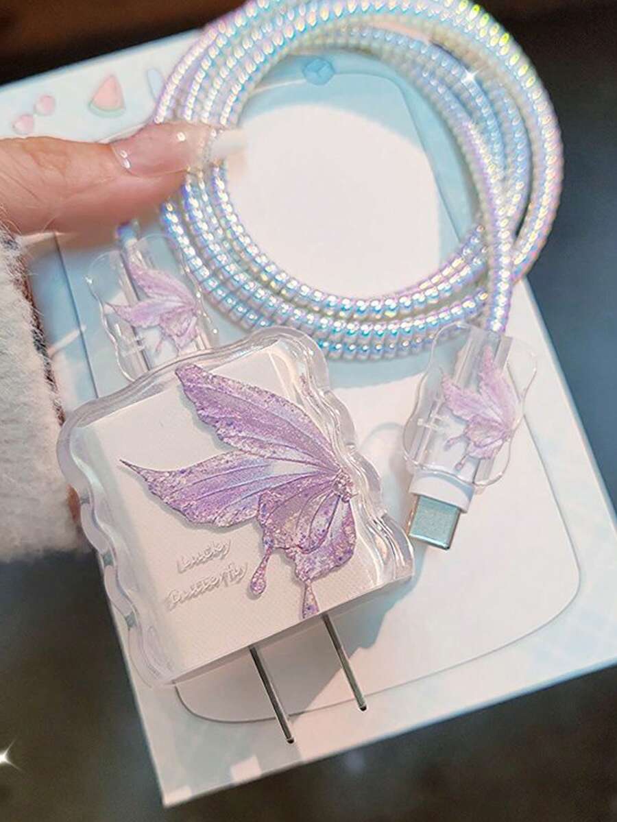 1 Set Pelindung Kabel Data Kupu-kupu Ungu Setengah Sayap Kompatibel dengan Charger Apple 20W - Clear - View 1