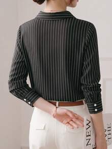 YUXIN 秋季新款寬鬆時尚黑色條紋優雅長袖襯衫女上衣 通勤專業顯瘦百搭設計 - 黑色 - 查看 7