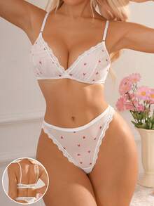 Heart Print Lace Trim Mesh Lingerie Set, Adjustable Straps Back Hook Bra & Brief Panty - White - View 4