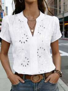Women's White Hollow Embroidered Regular Sleeve Polyester Blouse, Shirt Collar, Suitable For Casual Summer Wear, Broderie Anglaise - White - View 1