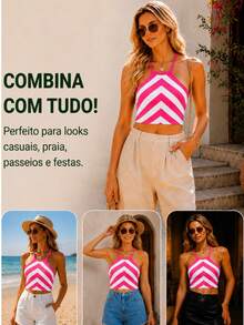 Women Knit Tops - Pink and White - View 5