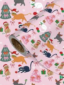 1 Roll Of Christmas Gift Wrapping Paper Featuring Cartoon Christmas Cats And Christmas Tree Patterns;Perfect For Christmas Gift Wrapping,Holiday Party Decor,Home Festive Decoration,DIY Craft,Festive Favour Wrapping Dimensions: 43 Cm X 300 Cm. - A - View 2