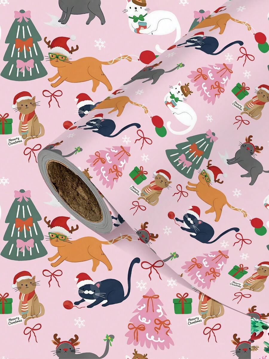 1 Roll Of Christmas Gift Wrapping Paper Featuring Cartoon Christmas Cats And Christmas Tree Patterns;Perfect For Christmas Gift Wrapping,Holiday Party Decor,Home Festive Decoration,DIY Craft,Festive Favour Wrapping Dimensions: 43 Cm X 300 Cm.