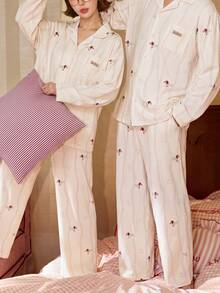 Gongdie 2pcs/Set Couple Men's Pajama Set, Spring/Autumn Cream White Soft Cotton Loungewear, Vertical Stripes & Dachshund Print - Beige - View 6