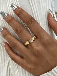 1Pc Fashion Cubic Zirconia Spliced ​​Heart Ring For Women Gold Color Stainless Steel Geometric Ring Wedding Party Jewelry Gift - Gold - View 1