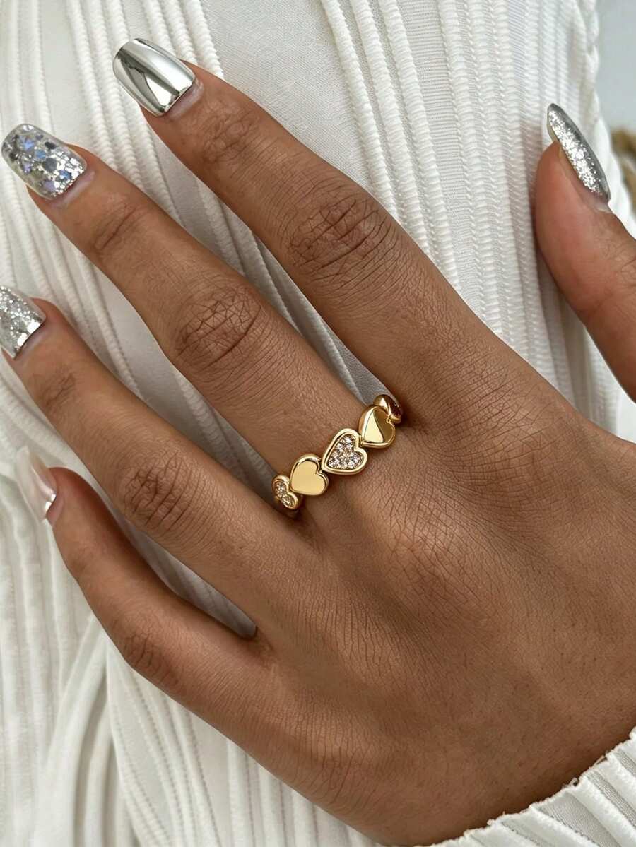 1Pc Fashion Cubic Zirconia Spliced Heart Ring For Women Gold Color Stainless Steel Geometric Ring Wedding Party Jewelry Gift - Gold - View 1