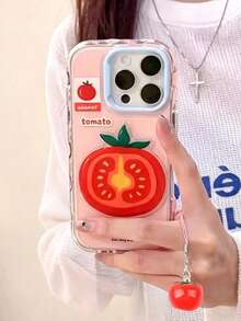 1件 3D番茄手機殼 適用16promax/IPhone16pro 韓系Ins風 新款 15/14 小眾創意高級 13 可愛卡通 11/12 女生風，適用於IPhone17Promax 17pro 17 17Air 3D番茄附掛繩智慧型手機保護殼 - 粉色 - 查看 1