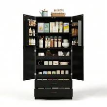 Kitchen Cabinet With 3 Pull-Out Shelves, Drawers, And Double-Door Tall Cabinet With Door Shelves For Kitchen, Dining Room & Living Room - 黑色 - 查看 1