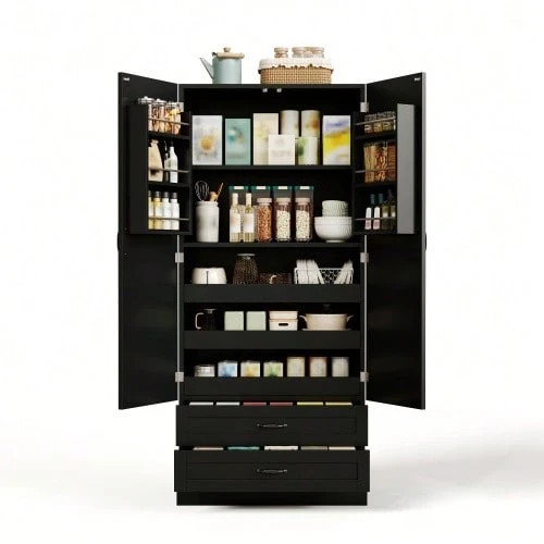 Kitchen Cabinet With 3 Pull-Out Shelves, Drawers, And Double-Door Tall Cabinet With Door Shelves For Kitchen, Dining Room & Living Room - 黑色 - 查看 1