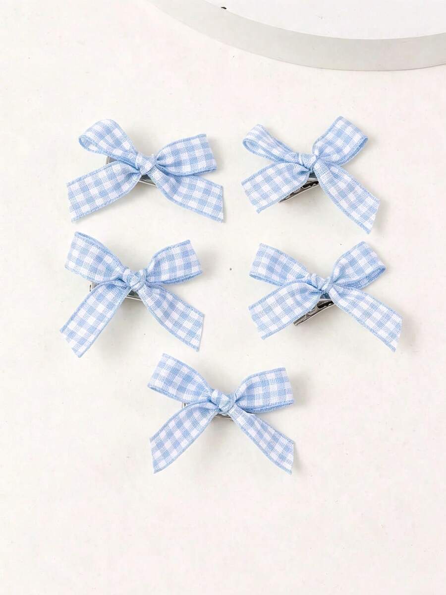 5pcs Plaid Bow Hair Clips, Cute Small Claw Clips For Girls - Blue - View 1