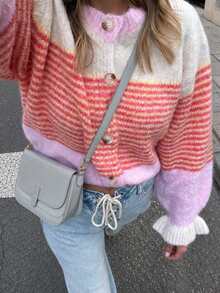 Women's Pink Striped Long Sleeve Cardigan Sweater, Button Front, Comfortable & Fashionable, Regular Length Knitwear - Multicolor - View 4