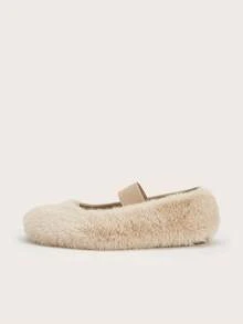 Women's Coffee Brown Cute Fuzzy Slip-On Ballet Flat Shoes, Warm For Winter - Apricot - View 2