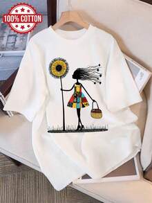 Korean Style Graphic T-Shirt For Women, Short Sleeve Round Neck With Sunflower Patchwork Pattern, Daily Wear Suitable For Autumn Matching - 白色 - 查看 6