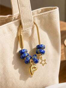 Blue Beaded Letter Keychain,Simple Brass Keychain Holder Clasp With Star Pendan,Fashion Bag Charms, Car Keychain,Gift For Women Girls Handbag Decor - Multicolor - View 7