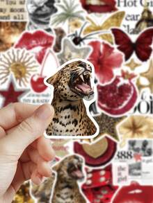 50pcs Gold & Red Cartoon Doodle Stickers, Suitable For Planner, Phone Case, Laptop, Computer, Luggage, Refrigerator Decoration - Gold & Red - View 5
