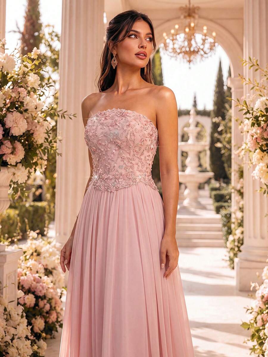 Smilprince Women's Pink Elegant Strapless Beaded Chiffon Floor Length Dress, Autumn Winter For Wedding Guest Reception, Bridesmaid, Formal Evening Dinner - Pink - View 1