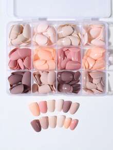 288 piezas/Set (12 colores surtidos) Uñas postizas ovaladas cortas, Uñas marrones, Uñas caqui, Set de uñas color té con leche, Puntas de uñas acrílicas color café cálido para otoño/invierno - Multicolor - Ver 5