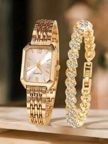 2/1pc Women's Quartz Watch & Rhinestone Bracelet Jewelry Set, Elegant Fashion Minimalist Dial Design, Suitable For Daily Wear, Party, Valentine's Day, Wedding Season, Thanksgiving And Various Holiday Gifts - Gold - View 6