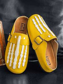 Halloween Skeleton Claw Pattern Men's Sandals, Closed Toe Mule Shoes With Adjustable Buckle, Suede Backless Design, Slip-On Casual Flat Half-Slippers - Yellow - View 1