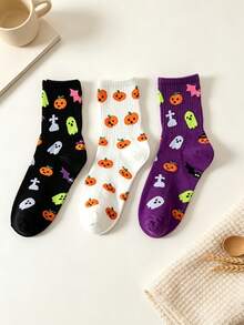 3/6 Pairs Halloween Socks, Cute Cartoon Ghost Pumpkin Mid-Calf Socks, European And American Ins Socks, Couple Casual Versatile Socks, Gift Socks - Multicolor - View 5