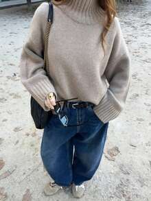 Sweater Pullover Leher Tinggi Rajut Bergaris untuk Wanita, Sweater Rajut Gaya Dasar Lengan Panjang, Elastisitas Sedang, Kasual Musim Gugur/Dingin, Warna Oatmeal Musim Gugur - Havermut - View 6
