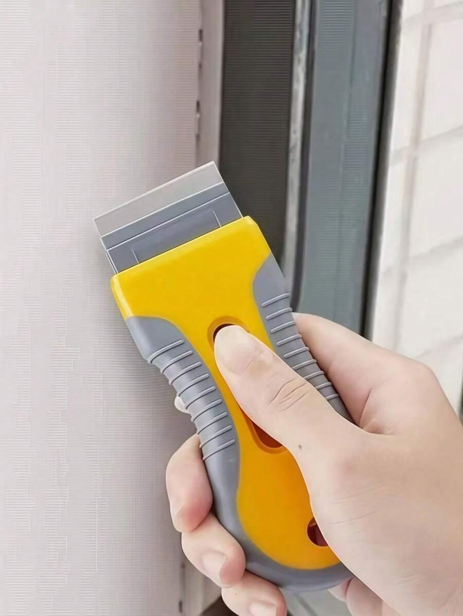 1pc Dual-Color Cleaning Scraper, Suitable For Kitchen, Bathroom, Home Use, Retractable Glue Remover Small Shovel, Car Film Glass Multi-Function Tool, Floor Scraper, Wallpaper Removal Shovel - Yellow - View 1
