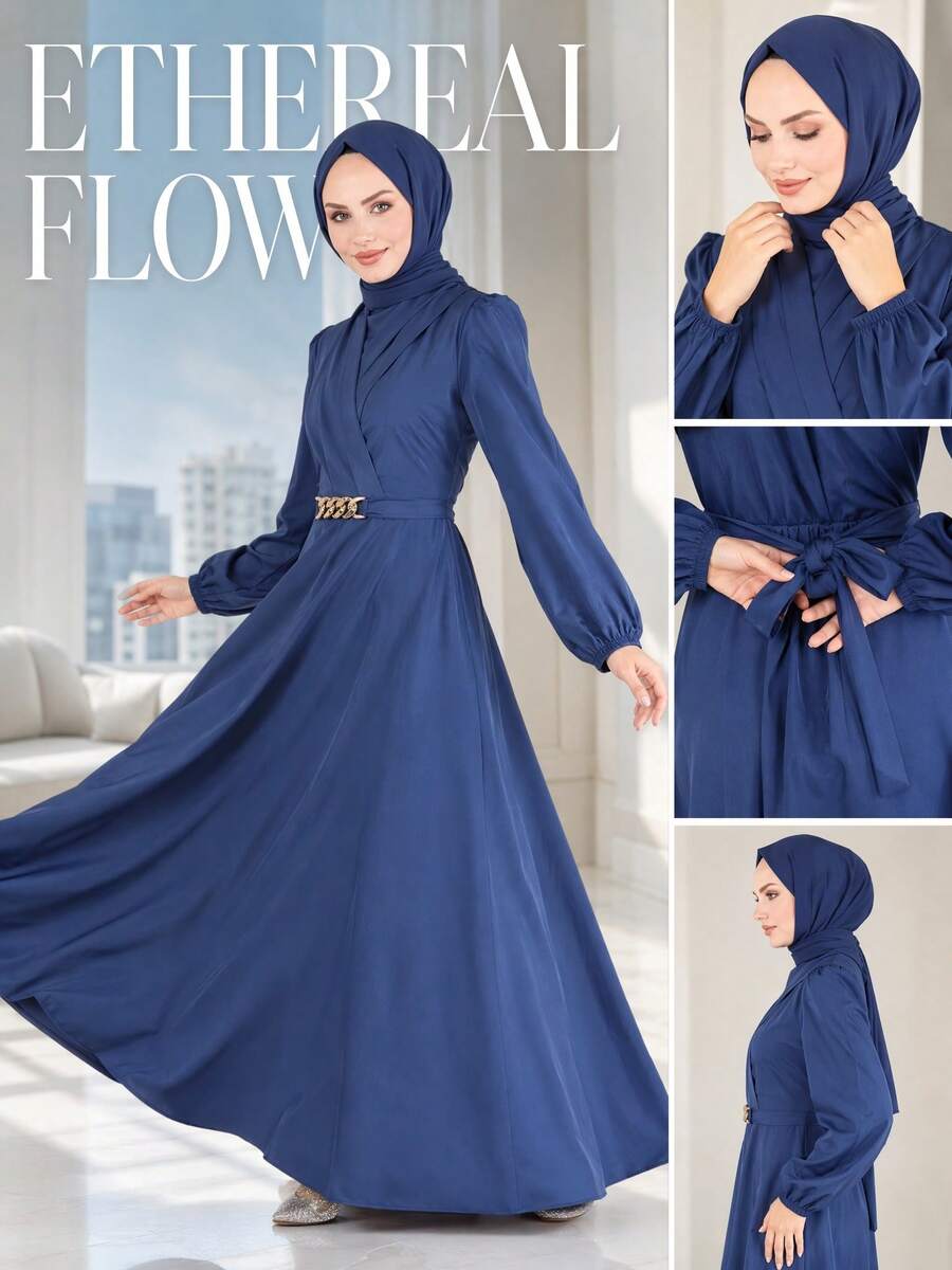 Elegant Blue Long Sleeve Floor-Length Dress, Cross Wrap Design, Cinch Waist With Metallic Belt, Relaxed Fit Casual All-Match Long Robe - Blue - View 1