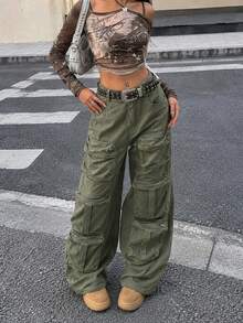 Y2K Street Solid Color Multi Pockets Simple Comfy Cargo Pants Daily Casual Trousers Fall For Women Going Out Vacation Back To School - Army Green - View 4