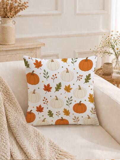MEMNUN 1pc Autumn Pumpkin & Maple Leaf Print Waffle Pillow Case 45*45cm Polyester Material Fall Decor Fresh Harvest Theme Cushion Cover Single-Sided Print Invisible Zipper Decorative Pillowcase Without Pillow Insert For Living Room, Sofa, Bedroom, Car Home Decor