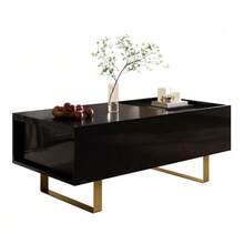 Height-Adjustable Coffee Table, MDF Coffee Table With Storage And High-Gloss Finish, Coffee Table With Drawer And Iron Legs, Modern Living Room Table - 黑色 - 查看 6