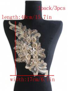 XDH2490 3D刺繡貼花配珠飾，婚紗配件，網紗蕾絲DIY表演服裝刺繡補丁/長度:39CM/寬度:16CM - 咖色 - 查看 7