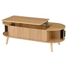 Lift Up Oval Coffee Table With Hidden Storage, Centre Table, Lifting Sofa Side Table, Space-Saving End Table For Living Room Bedroom, Reception, Tea Table, 120 X 50 X 39.5cm, Natural Wood - Multicolor - View 9