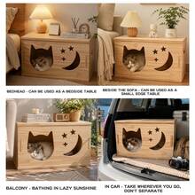 Natural Pine Wood Cat Bedside Table Cat House, Hollow Moon Star Cat Nest Side Table, Minimalist Home Decor Pet Furniture For Sofa Corner Bedroom - one-size - View 6