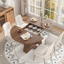Modern Extendable Oval Dining Table 43.3"-59" Convertible Round Table With Removable Leaves Storage Shelf Wood Base Space Saving Furniture For Living Room Kitchen Area, Walnut - Multicolor - View 5