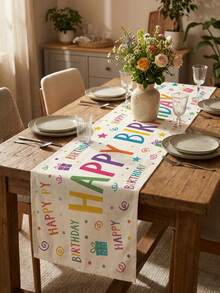 1pc Colorful Happy Birthday Table Runner, Minimalist Text, Gift Box & Ribbon Print, Suitable For Birthday Party, Dining Table, Cake Table, Dessert Station And Home Gathering Decoration - Multicolor - View 2