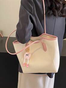 女款托特手提包 素色單肩包 大容量日常通勤購物包 休閒優雅風 適合辦公室、學校、購物（無吊飾） - 粉色 - 查看 4