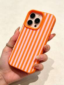 Casing Ponsel Minimalis Modis dengan Motif Garis-Garis Merah Muda dan Oranye, Kompatibel dengan Apple 18/18Pro/18ProMax/17/17Pro/17ProMax/16/16Pro/16ProMax/15/15Pro/15ProMax/14/13/12/11 - Jeruk - View 5