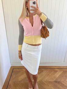 Women's Autumn Casual Pink Set: Ribbed Knit Colorblock Cardigan Sweater, Basic Top. Elegant Style Fall - Multicolor - View 7